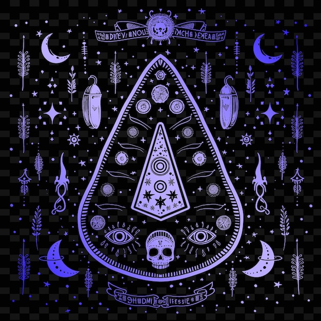 Mystical Ouija Board Folk Art With Planchette Pattern and Sp Illustration Decor Motifs Collection