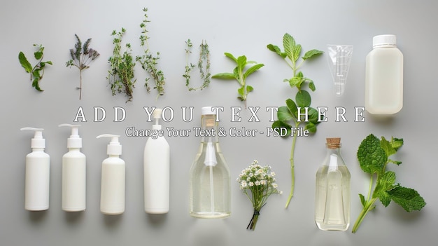 PSD natural beauty products with herbs and plants