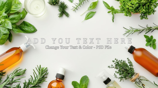 Natural Products with Herbs and Bottles