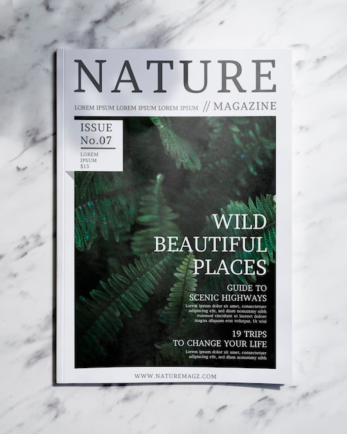 PSD nature magazine mock up on grey background