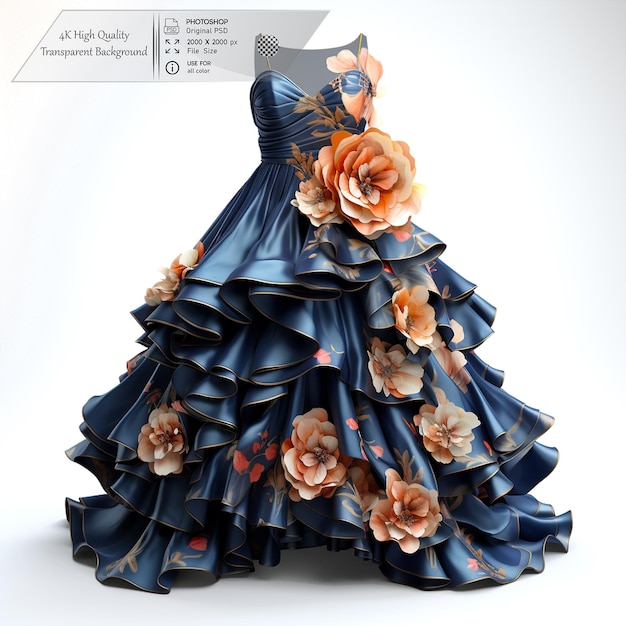 PSD a navy blue midi dress with a floral print and tiered skirt on a transparent background