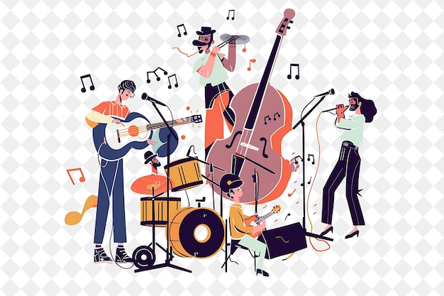 PSD nostalgic musician with characters playing instruments and c png people in daily work illustration