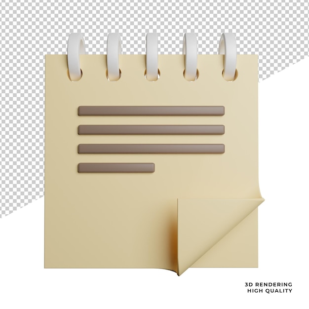 PSD note book reminder front view 3d rendering illustration icon with transparent background