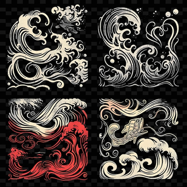 PSD ocean borderlines design with wave and sea creature decorati png unique stylized motifs designs