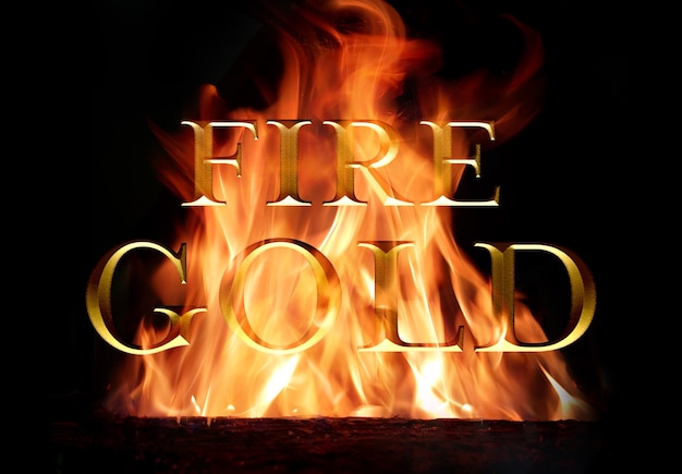 PSD old gold text effect burning in fire