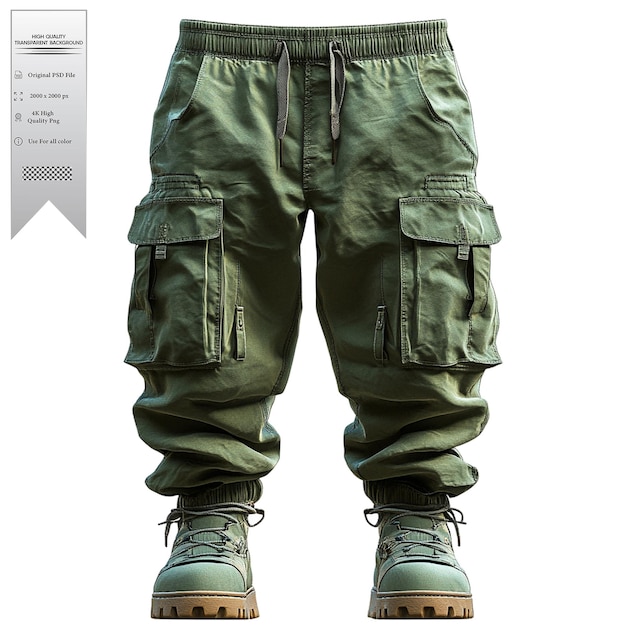 PSD olive green cargo pants functional and stylish isolated on a transparent background