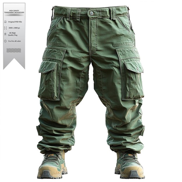 Olive green cargo pants functional and stylish isolated on a transparent background