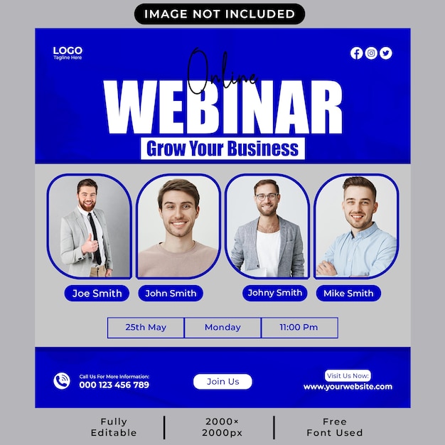 Online live webinar social media post or square web banner template