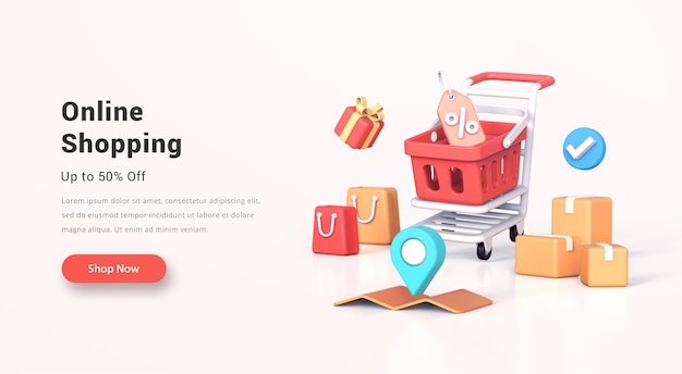 Online shopping banner with realistic 3d shopping cart shopping bag boxes map and price tag