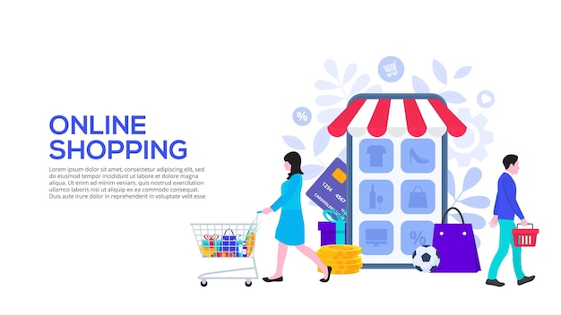 PSD online shopping design concept with people and smartphone flat illustration