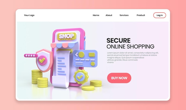 PSD online shopping security concept illustration landing page template for business idea concept background