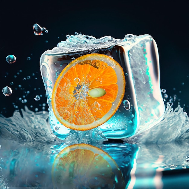 An Orange Slice in Ice Cube On Alpha Layer