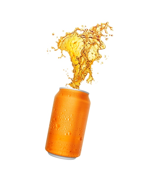 PSD orange soda splashing out of canned transparent background