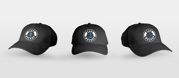 Pack of three black caps views mockup