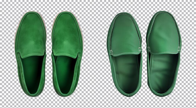 PSD pair of green slipon shoe footwear isolated on a transparent background top view cutout png