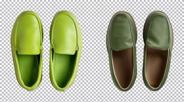 PSD pair of green slipon shoe footwear isolated on a transparent background top view cutout png