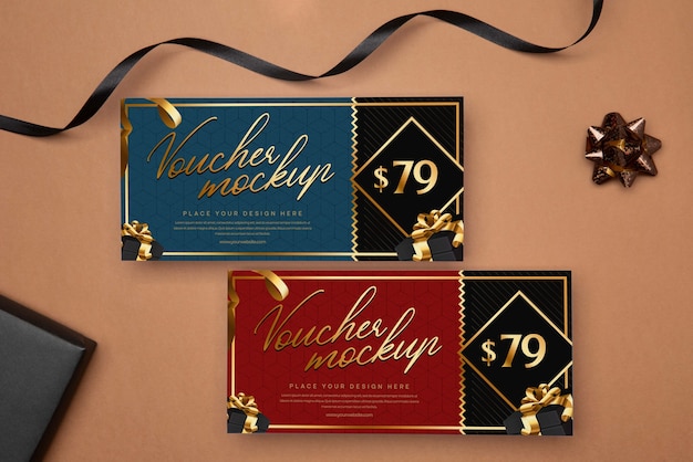 PSD papierwinkel voucher mock-up met decoraties