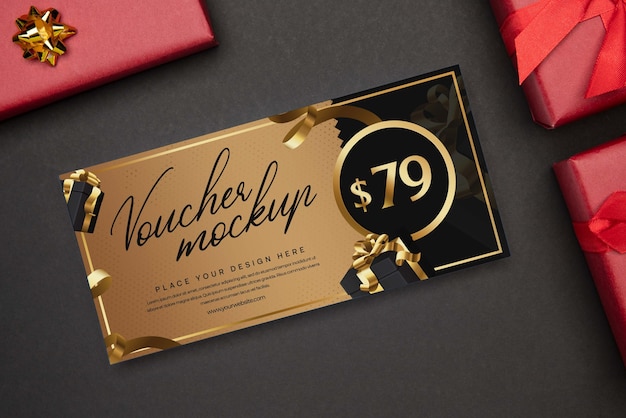 PSD papierwinkel voucher mock-up met decoraties