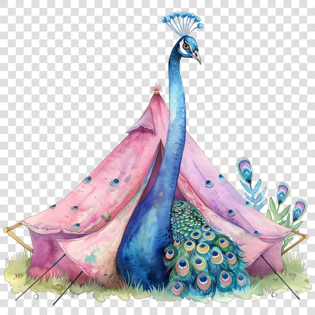 peacock sitting in front of a pink tent nuresery watercolor