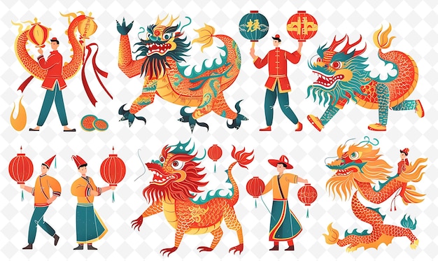 PSD people celebrating the lunar new year with dragon and lion d flat illustration culture character