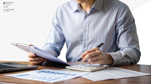 PSD person checking documents and calculations on a desk with a transparent background