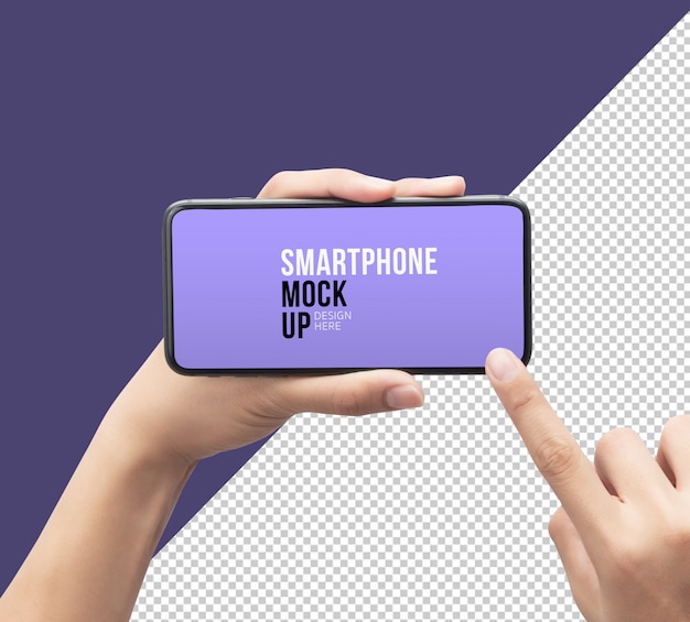 Person holding and touching smartphone with screen mockup