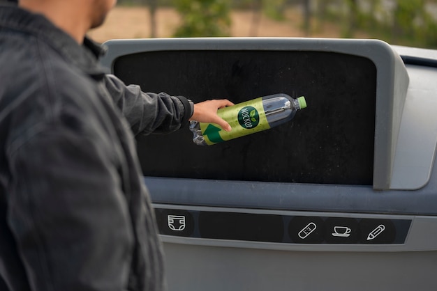 Person throwing away trash in recycling bin