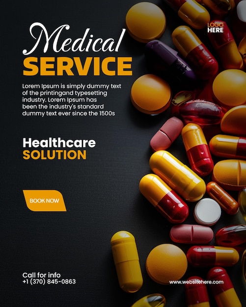 PSD pharmaceutical health banner template with colorful supplement pills on a black background