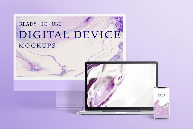 Phone, computer, laptop screen mockup psd, purple aesthetic