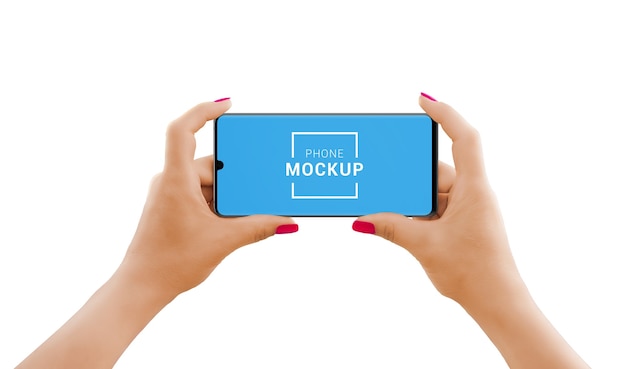 Phone mockup in horizontal position in woman hands