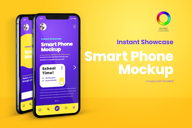 Phone mockup of two smartphones in bright yellow room