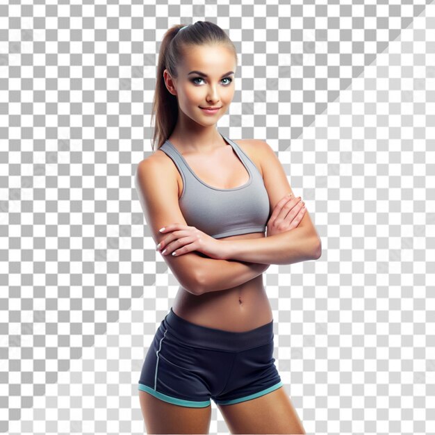 PSD photo beautiful sportive girl posing with crossed arms on transparent background