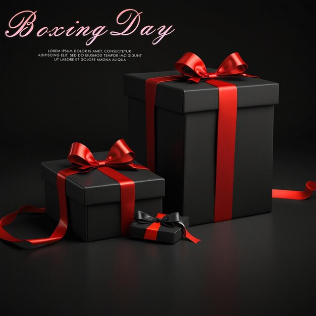 PSD photo of black gift boxes with red satin ribbon bow