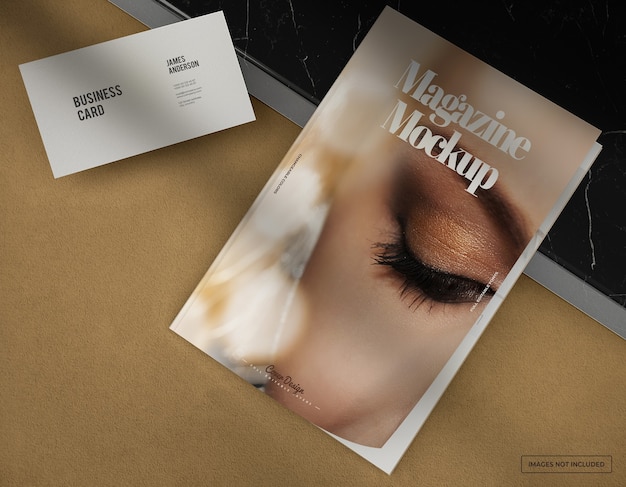 Photo Realistic Magazine Cover Mockup with Business Card Design