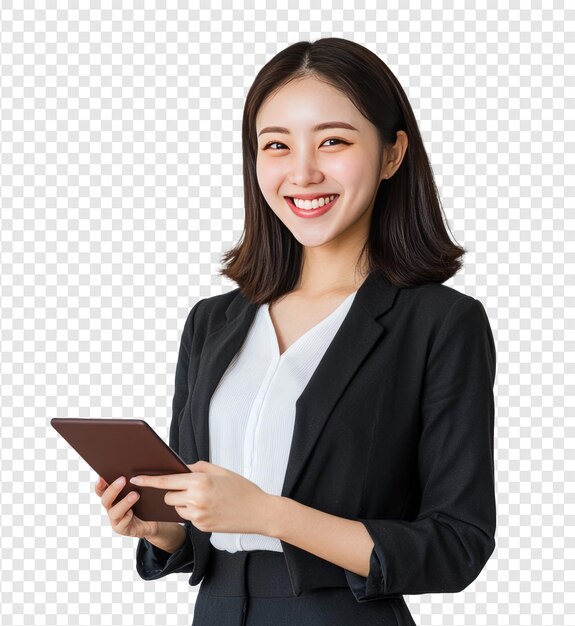 PSD photo of a youthful smiling korean businesswoman with a tablet as she stands over a transparent