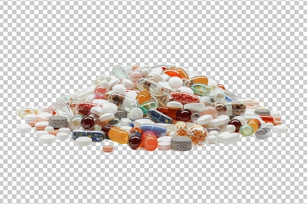 Pile of assorted medicine capsules and tablets against transparent background