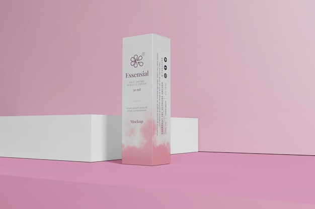 PSD pink cosmetic box mockup on white background