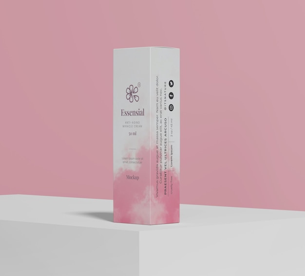 PSD pink cosmetic box mockup on white background