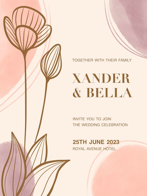 A pink and gold wedding invitation with flowers on it.