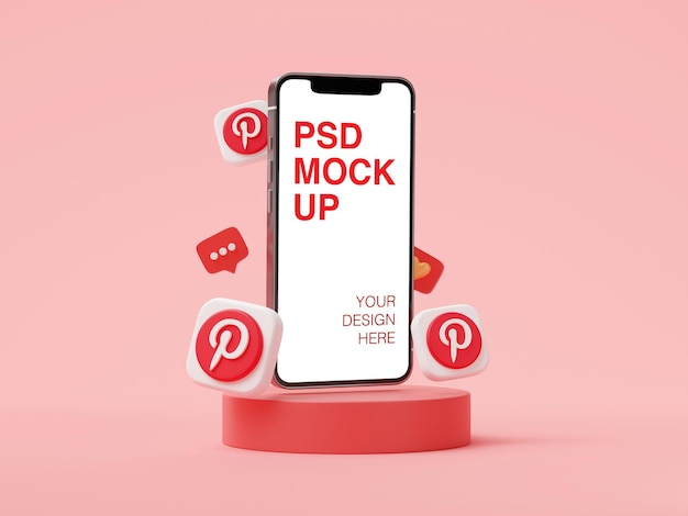 Pinterest logo social media post on mobile phone mockup with 3d icons