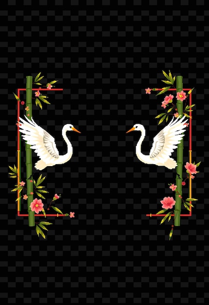 PSD pixel crane and bamboo border frame cranes flying between bamboo stalks png chinese frame stylea