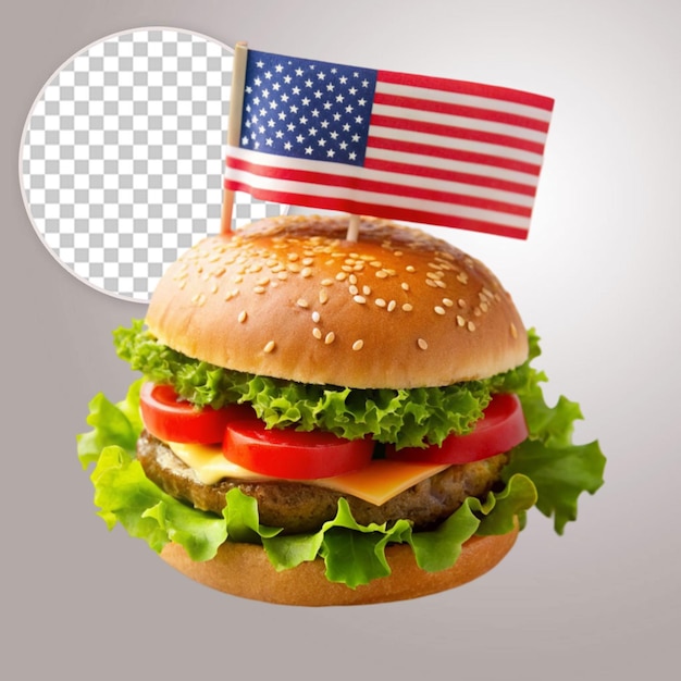 Platte burger met Amerikaanse vlag op doorzichtige achtergrond