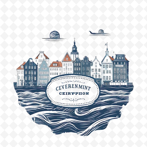 PSD png copenhagen city with monochrome navy color little mermaid an handdrawn watercolor landscapes