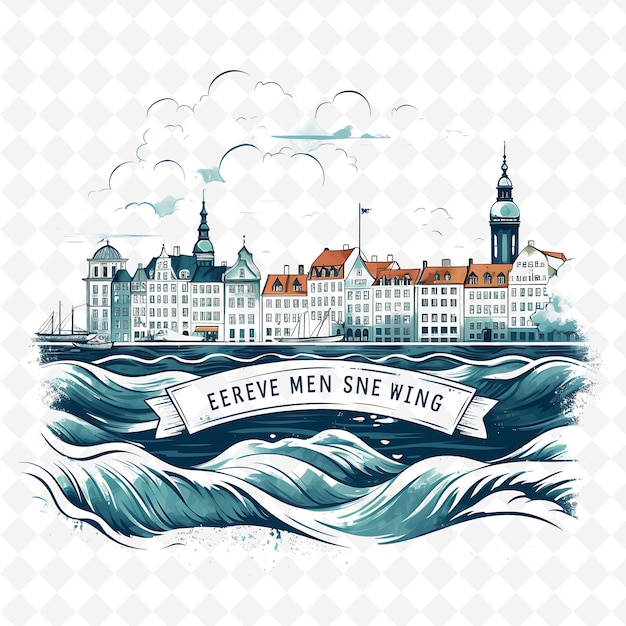 PSD png copenhagen city with monochrome sea green color little merma c handdrawn watercolor landscapes0