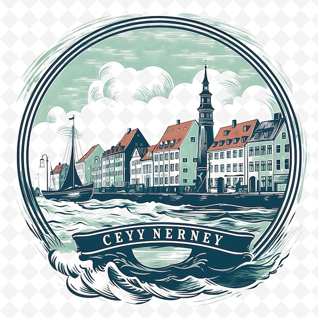 PSD png copenhagen city with monochrome sea green color little merma handdrawn watercolor landscapes