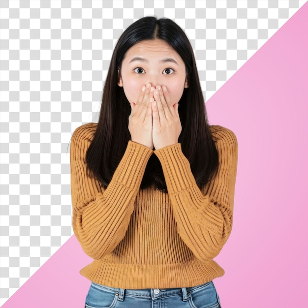 PSD png covering mouth with hands sweater white background frustration