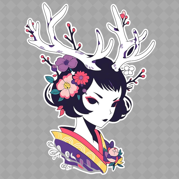 PSD png elegant and poised anime deer girl with antlers and a flower kreatywna kolekcja naklejek chibi