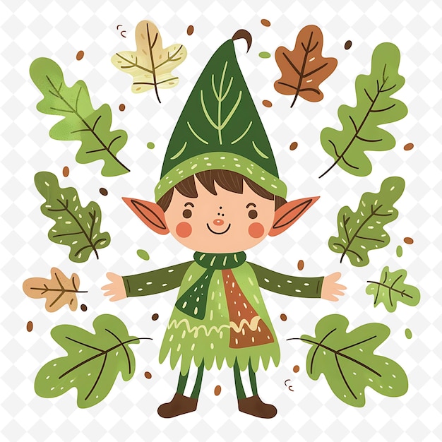 PSD png playful elf with leaf shapes randomly placed forest green an flat illustration cute character