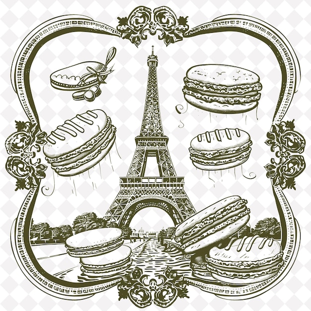 PSD png shabby chic parisian folk art with eiffel towers and macaron tradional outline art collection