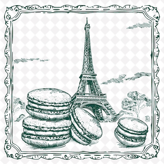 PSD png shabby chic parisian folk art with eiffel towers and macaron tradional outline art collection